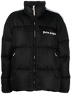 Palm Angels Striped Webbing-trimmed Padded Shell Down Jacket In Black White