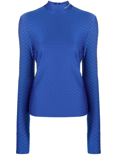 Karl Lagerfeld Logo-embroidered Textured Long-sleeved Top In Blue