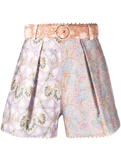 Zimmermann Kaleidoscope Belted Embellished Floral-print Silk And Cotton-blend Shorts In Light Blue,beige,purple