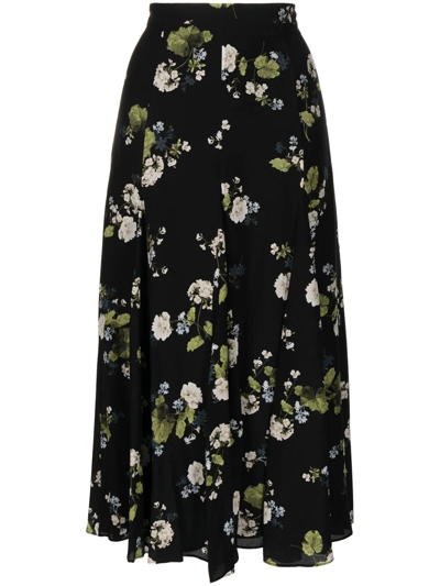 Erdem Christina Pleated Floral-print Silk Crepe De Chine Midi Skirt In Black