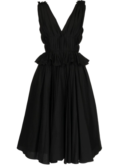 Pushbutton V-neck Midi Dress In Black