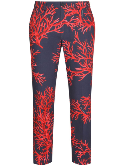 Dolce & Gabbana Coral-print Cotton Trousers In Blau