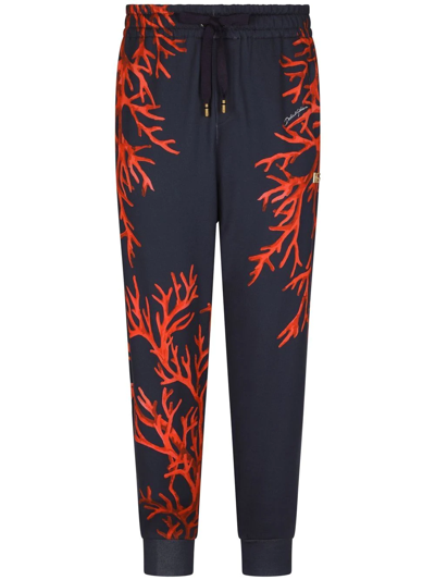 Dolce & Gabbana Coral-print Cotton Track Pants In Navy