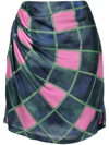 Ahluwalia Patel Cutout Draped Printed Matte-satin Mini Skirt In Grün