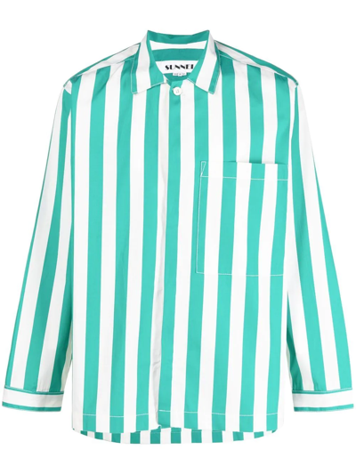 Sunnei Striped Boxy-fit Shirt In White/green Stripes