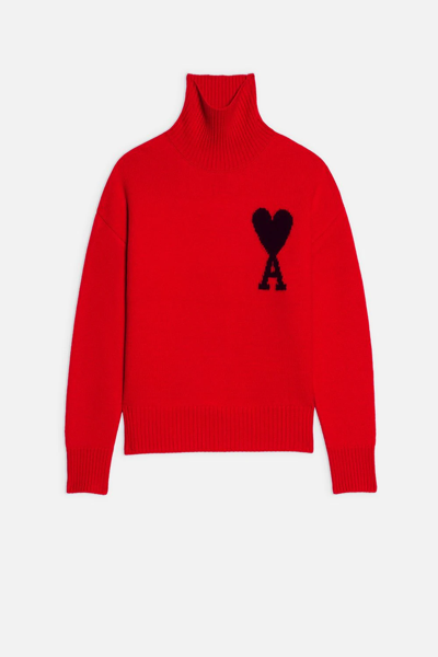 Ami Alexandre Mattiussi Ami De Coeur Funnel Neck Sweater In Red