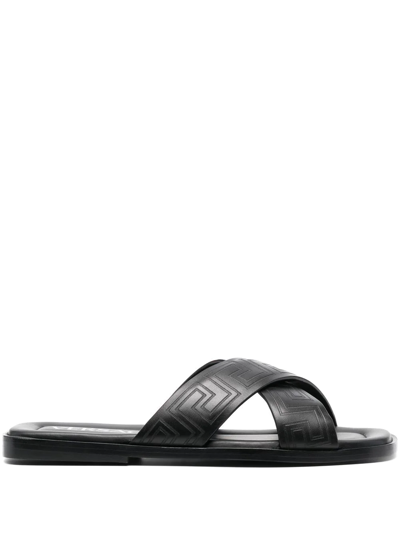 Versace Greca-embossed Crossover-strap Sandals In Black