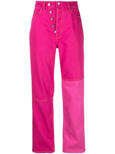 Ganni Two-tone High-rise Straight-leg Organic Jeans In Pink