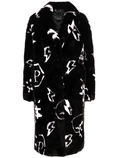Philipp Plein Monogram Faux Fur Coat In Black