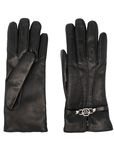 Philipp Plein Logo-plaque Leather Gloves In Black