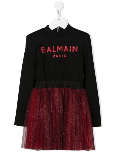 Balmain Kids Glittered Logo-print Tulle Dress (4-8 Years) - Black In Nero-rosso