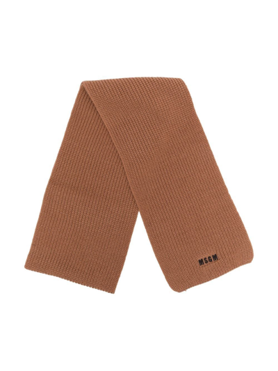 Msgm Kids' Embroidered-logo Knitted Scarf In Brown