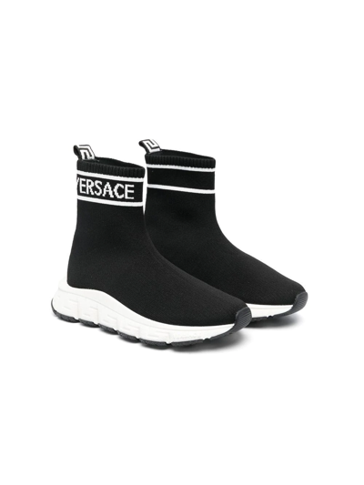 Versace Kids' Logo Sock Sneakers In Black