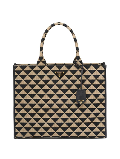 Prada Large Triangle Logo Jacquard Tote Bag In Black