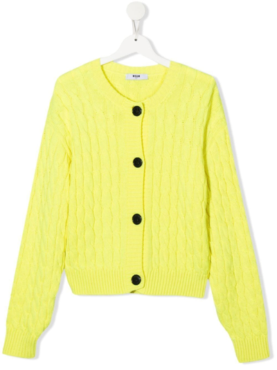 Msgm Kids' Neon Yellow Cardigan For Girl In Giall Ofluo
