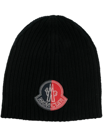 Moncler Genius Black Logo Virgin Wool Beanie Hat