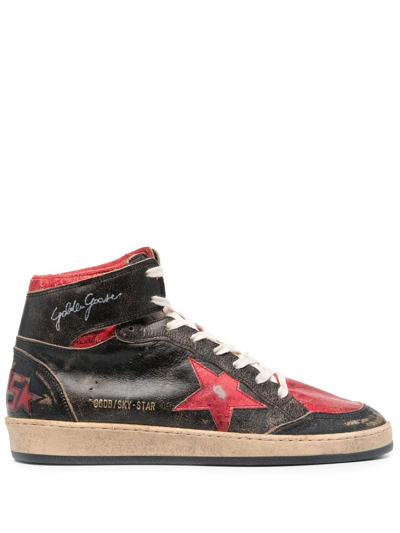 Golden Goose Sky Star Distressed Leather High-top Sneakers In Black Red