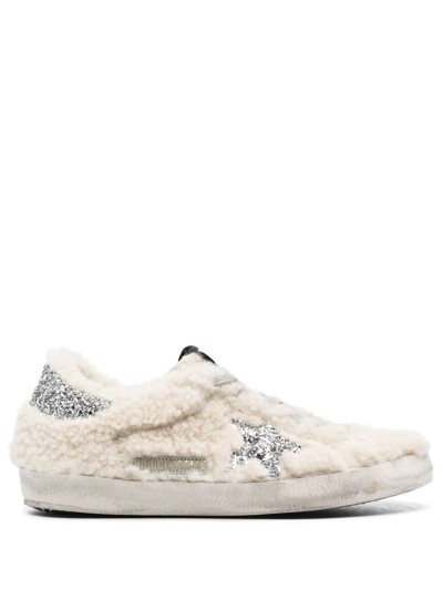 Golden Goose Shearling-panel Glitter Sneakers In Beige/silver