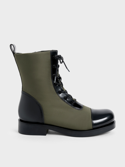 Charles & Keith - Nylon & Patent Combat Boots In Olive