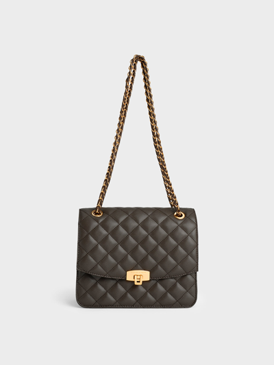 Charles & Keith Quilted Chain Strap Clutch In Dark Moss