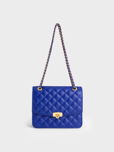 Charles & Keith Quilted Chain Strap Clutch In Cobalt