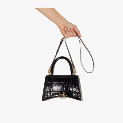 Balenciaga Hourglass Small Glossed Croc-effect Leather Tote In Black