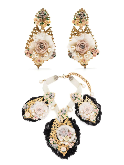 Pre-owned Dolce & Gabbana 2000s Floral-appliqué Necklace And Earrings Set In White