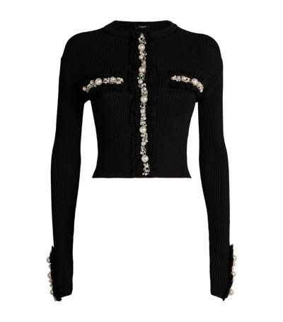 Balmain Pearlescent Beaded Ruffle Rib Crop Cardigan In Black