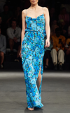 Rotate Birger Christensen Draped Floral-print Crepe De Chine Maxi Dress In Blue