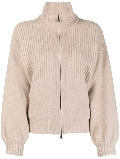 Pringle Of Scotland Ribbed-knit Zip-up Jacket In Stone