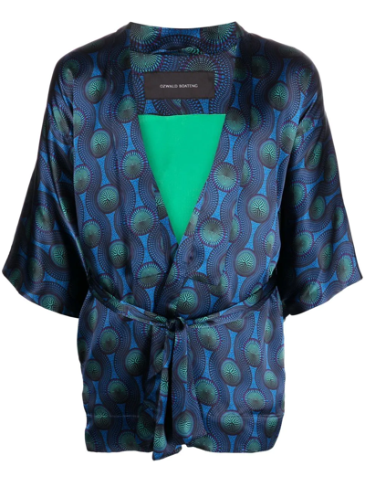 Ozwald Boateng Short Geometric-print Tie-waist Jacket In Blue
