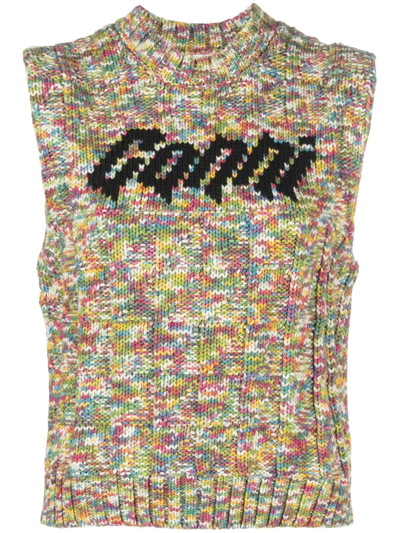 Ganni Space-dyed Intarsia-knit Organic Cotton-blend Vest In Printed