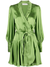 Zimmermann Plunge-neck Wrap-over Silk Mini Dress In Grün