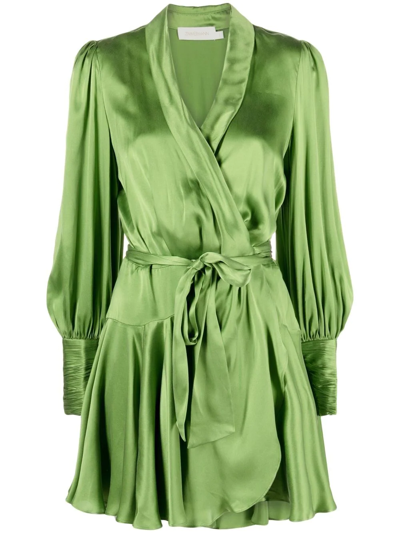 Zimmermann Ruffled Silk-satin Mini Wrap Dress In Green
