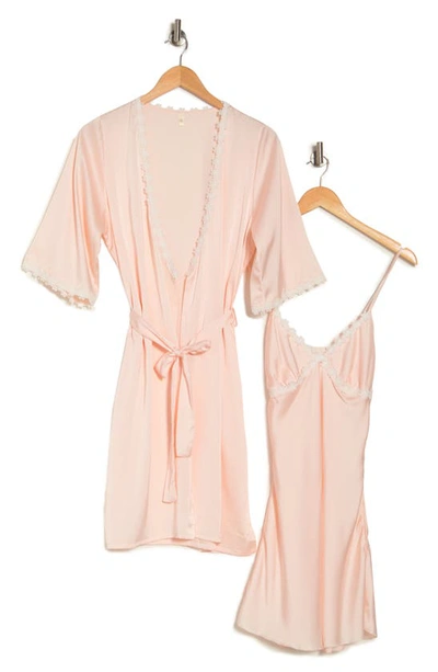Eag Luxury Satin Long Robe & Slip Dress In Pink