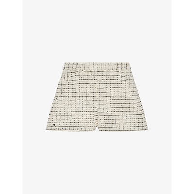 Maje Marl Tweed Shorts With Checked Motifs In Ecru Black