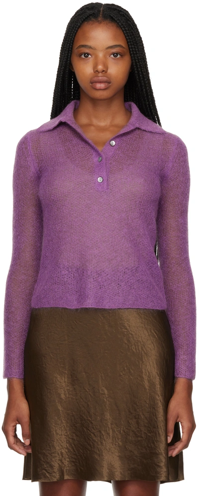 Vince Mohair Blend Knit Long-sleeved Polo Shirt In Purple