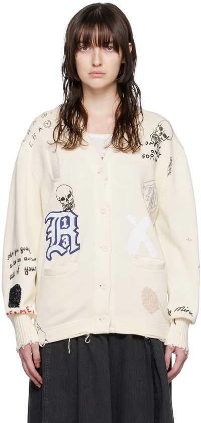 R13 White Letterman Graphic Print Cotton Cardigan