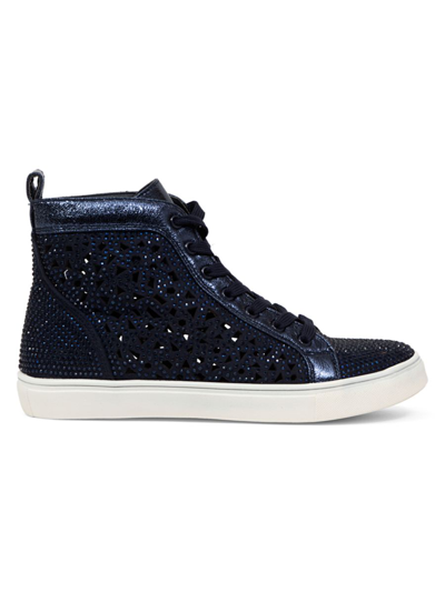 Lady Couture Women's Laser Cut High Top Sneaker With Rhinestones In Navy