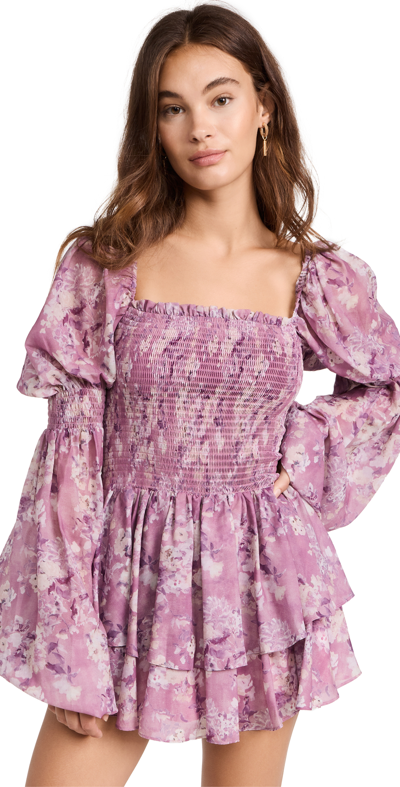Caroline Constas Alexa Tiered Puff-sleeve Silk Mini Dress In Purple