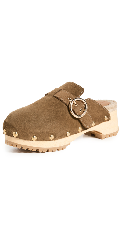 See By Chloé Viviane Studded Buckled Suede Clogs In Khaki