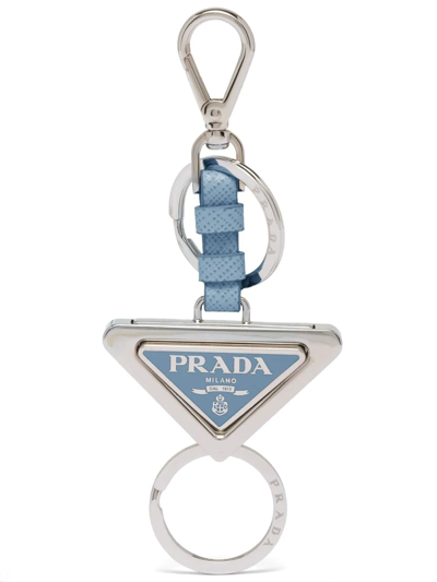 Prada Triangle Logo-plaque Keychain In Steel/sky Blue