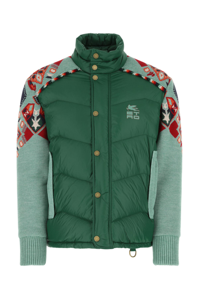 Etro Man Green Short Down Jacket With Carpet Knit Details