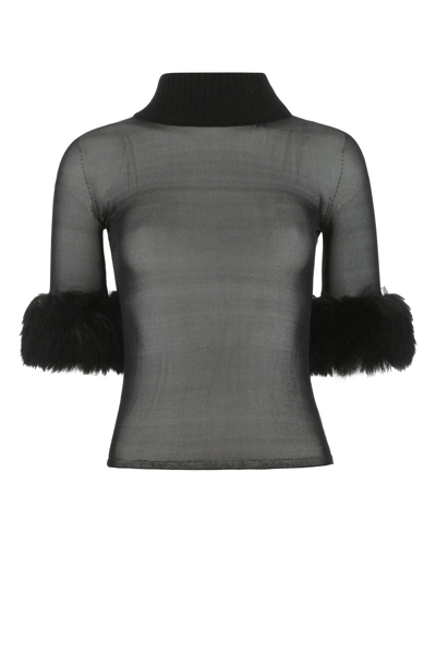 Saint Laurent Faux Fur-trimmed Sheer Silk Top In Black