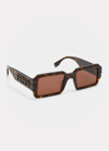 Fendi Men's Raised Logo Rectangle Sunglasses In Dark Havana Brow