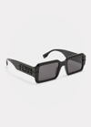 Fendi Men's Raised Logo Rectangle Sunglasses In Shiny Black Smo