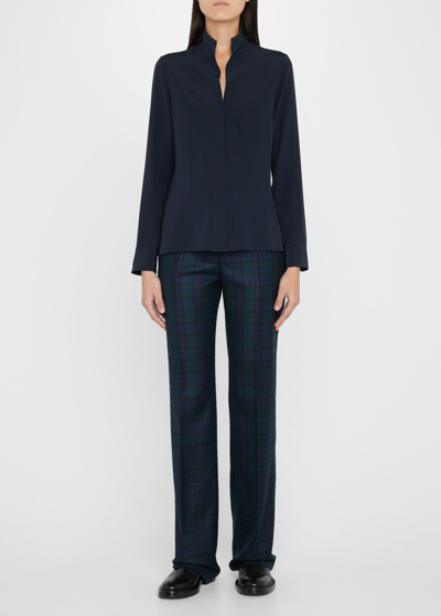 Akris Split-neck Silk Button-front Blouse In Navy