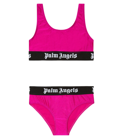 Palm Angels Kids' Little Girl's & Girl's 2-piece Logo Tape Shiny Bikini Set In Fuchsia Black