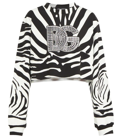 Dolce & Gabbana Zebra Print Cropped Sweatshirt With Crystal Logo In Multi-colored