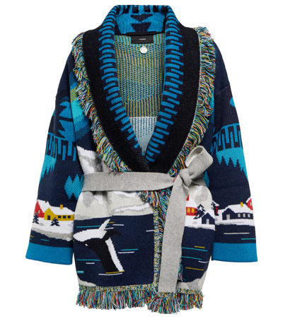 Alanui Arctic Surfers Fringed Jacquard-knit Cashmere Cardigan In #add8e6